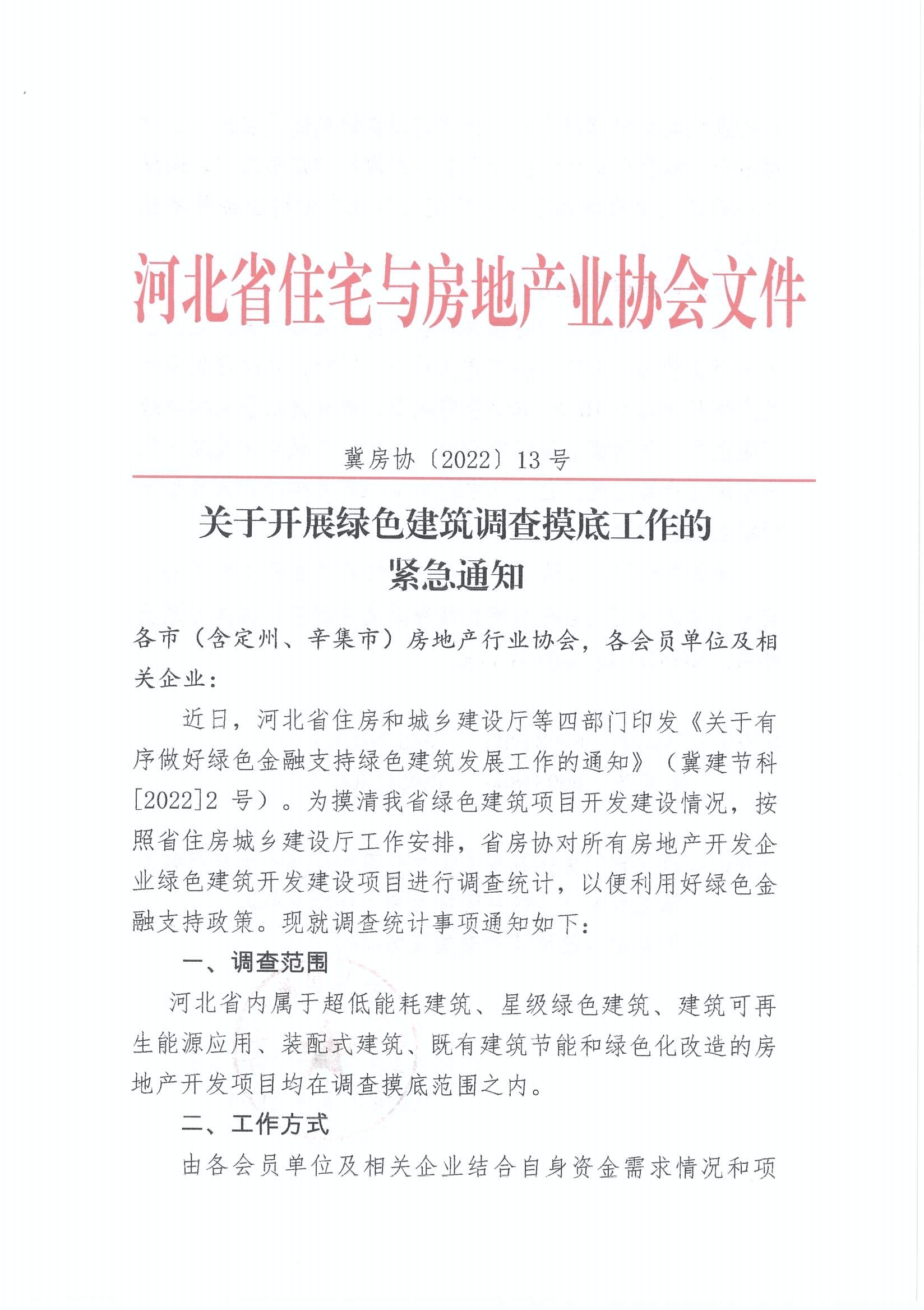 省房协《关于开展绿色建筑调查摸底工作的紧急通知》（冀房协（2002）13号）